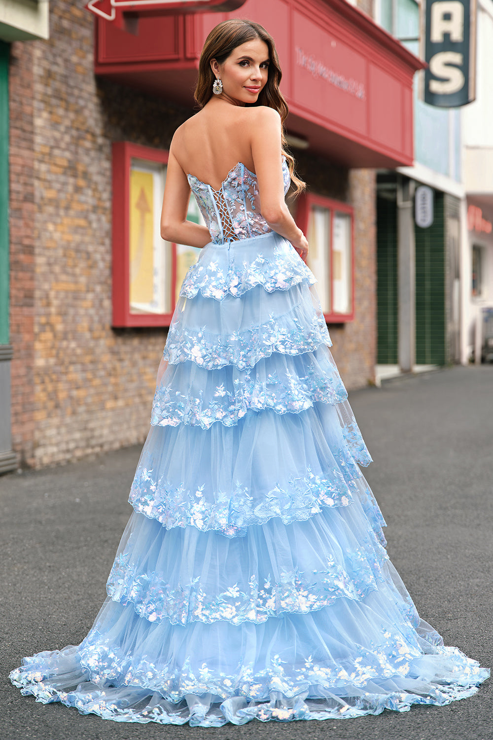 Wedtrend Women Sparkly Sequin Blue Long Prom Dress with Slit A Line Strapless Corset Tiered Evening Dress WEDTREND Wedtrend Women Sparkly Sequin Blue Long Prom Dress with Slit A Line Strapless Corset Tiered Evening Dress WEDTREND