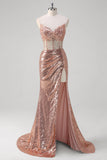 Rose Golden Mermaid Strapless Ruched Corset Beaded Prom Dress With Sequins Slit