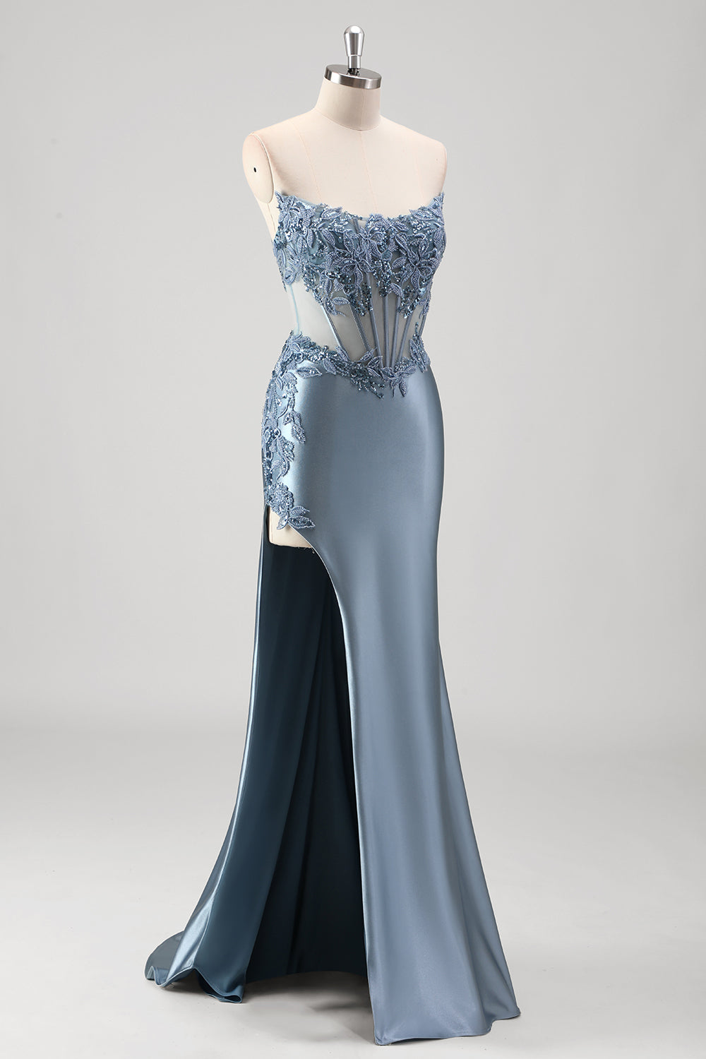 Wedtrend Women Sparkly Grey Blue Long Prom Dress with Slit Mermaid Strapless Sheer Corset Beaded Formal Dress WEDTREND Wedtrend Women Sparkly Grey Blue Long Prom Dress with Slit Mermaid Strapless Sheer Corset Beaded Formal Dress WEDTREND