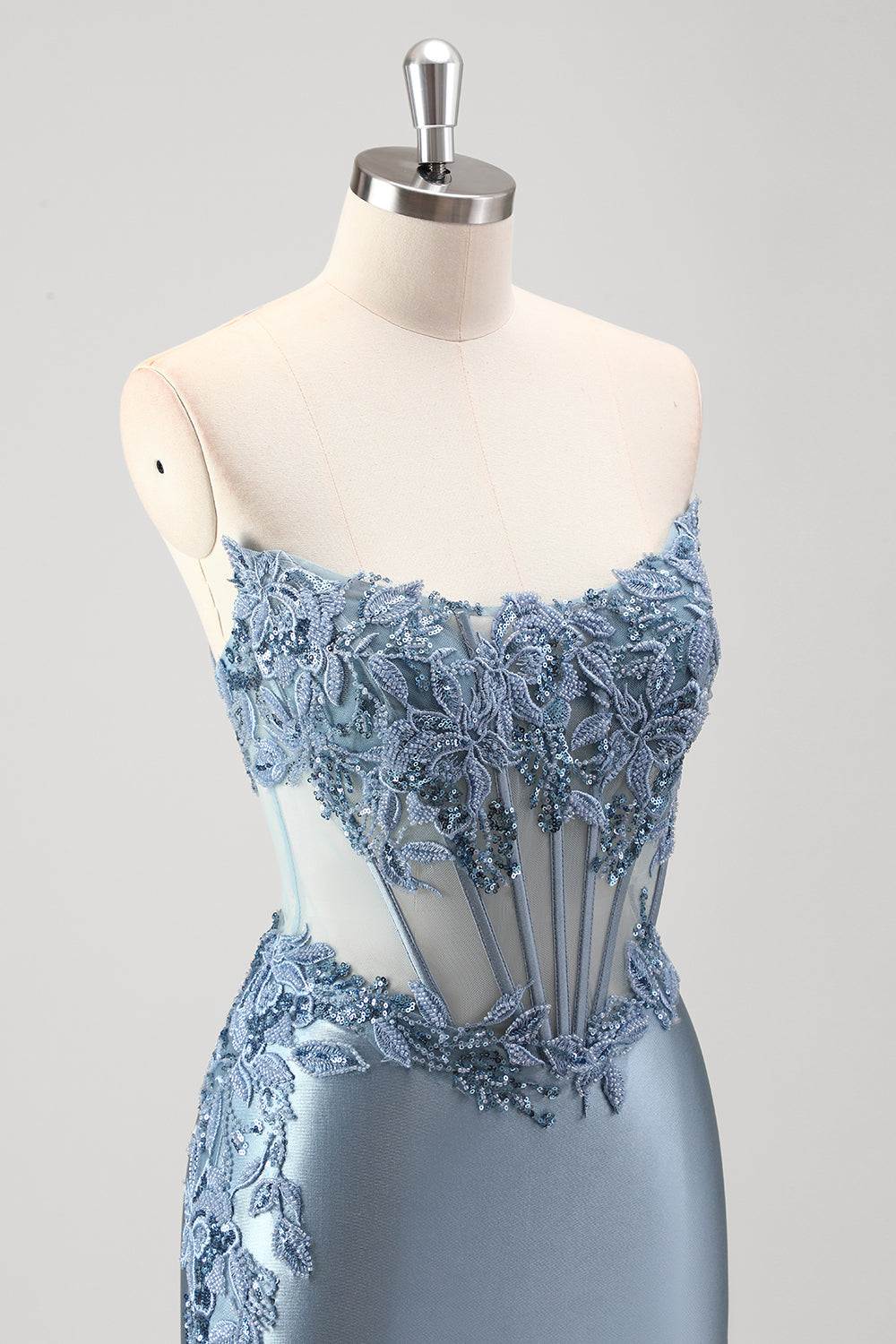 Wedtrend Women Sparkly Grey Blue Long Prom Dress with Slit Mermaid Strapless Sheer Corset Beaded Formal Dress, Grey Blue / US24W