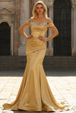 Sparkly Golden Mermaid Cold Shoulder Pleated Long Prom Dress With Sequins