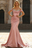 Sparkly Golden Mermaid Cold Shoulder Pleated Long Prom Dress With Sequins