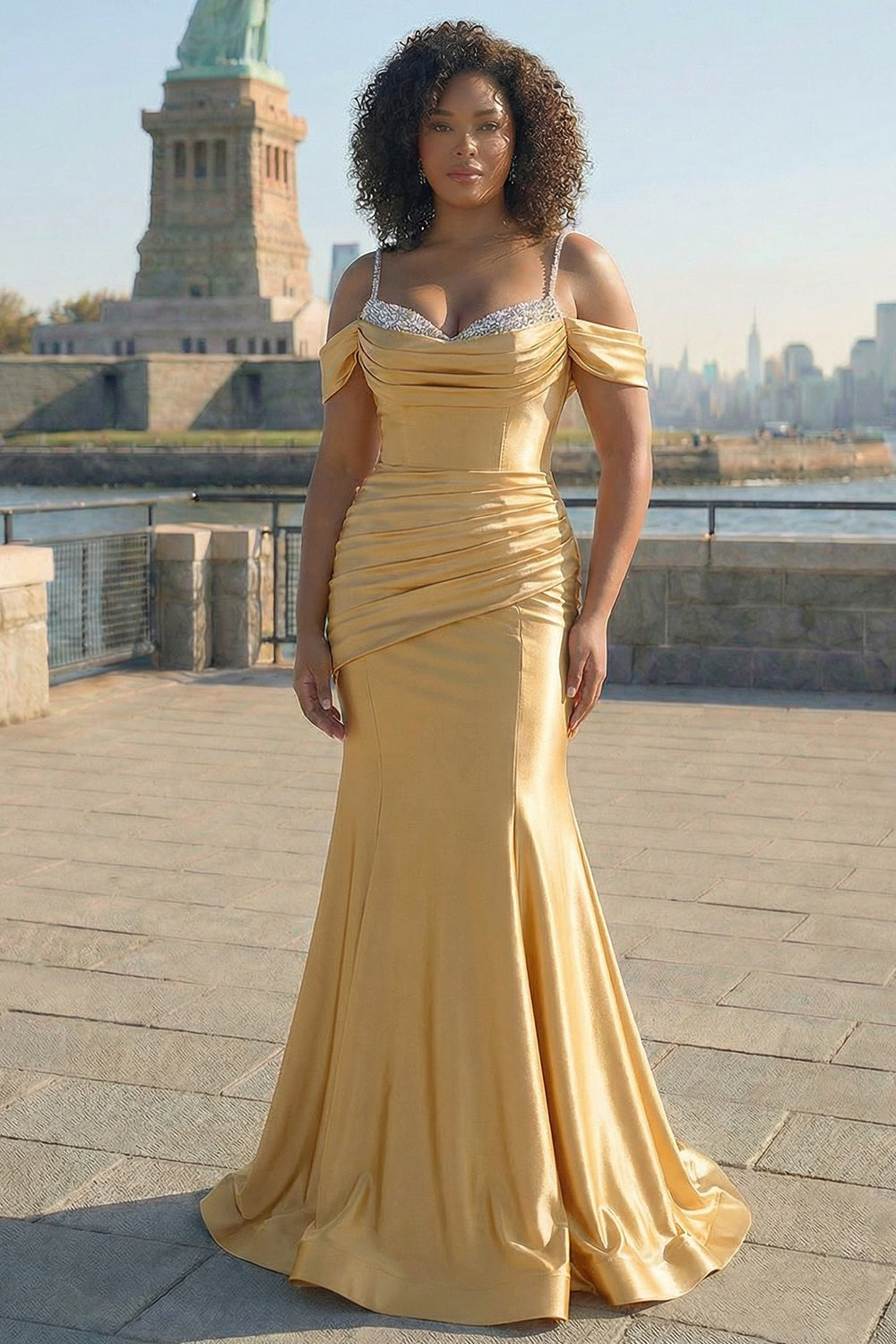 cold shoulder gold dress Elizabeth K GL3041 Cold Shoulder Gown