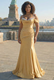 Sparkly Golden Mermaid Cold Shoulder Pleated Long Plus Size Prom Dress With Sequins