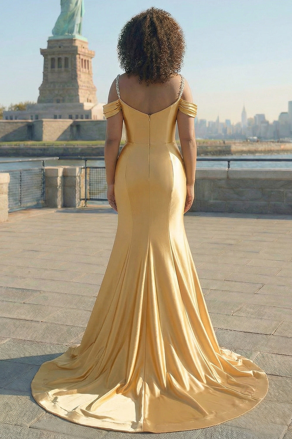 cold shoulder gold dress Zapaka Women Golden Long Prom Dress with Sequins Mermaid Cold Shoulder Ruched Satin Formal Dress with Lace Up Back, Golden / US14