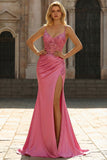 Sparkly Coral Mermaid Spaghetti Straps Satin Sequin Corset Long Prom Dress with Slit