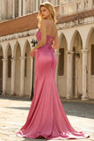 Sparkly Coral Mermaid Spaghetti Straps Satin Sequin Corset Long Prom Dress with Slit