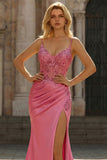 Sparkly Coral Mermaid Spaghetti Straps Satin Sequin Corset Long Prom Dress with Slit