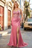 Sparkly Coral Mermaid Spaghetti Straps Satin Sequin Corset Long Plus Size Prom Dress with Slit