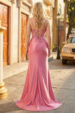 Sparkly Coral Mermaid Spaghetti Straps Satin Sequin Corset Long Plus Size Prom Dress with Slit