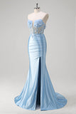 Blue Mermaid Strapless Corset Cut Out Floral Long Prom Dress With Slit