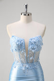 Blue Mermaid Strapless Corset Cut Out Floral Long Prom Dress With Slit