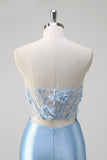 Blue Mermaid Strapless Corset Cut Out Floral Long Prom Dress With Slit