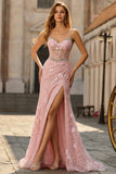 Sparkly Pink Mermaid Ruched Sequin Floral Corset Long Prom Dress with Slit