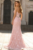Sparkly Pink Mermaid Ruched Sequin Floral Corset Long Prom Dress with Slit