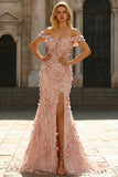 Blush Mermaid Off The Shoulder Corset Slit Prom Dress With 3D Flower