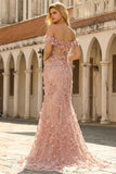 Blush Mermaid Off The Shoulder Corset Slit Prom Dress With 3D Flower