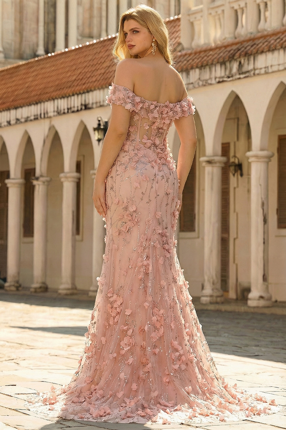Wedtrend Women Blush Plus Size Prom Dress With 3D Flower Mermaid Off The Shoulder Corset Slit Formal Dress, Blush / US12