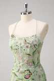 Sparkly Green Mermaid Halter Corset Sequin Embroidered Long Prom Dress With Slit
