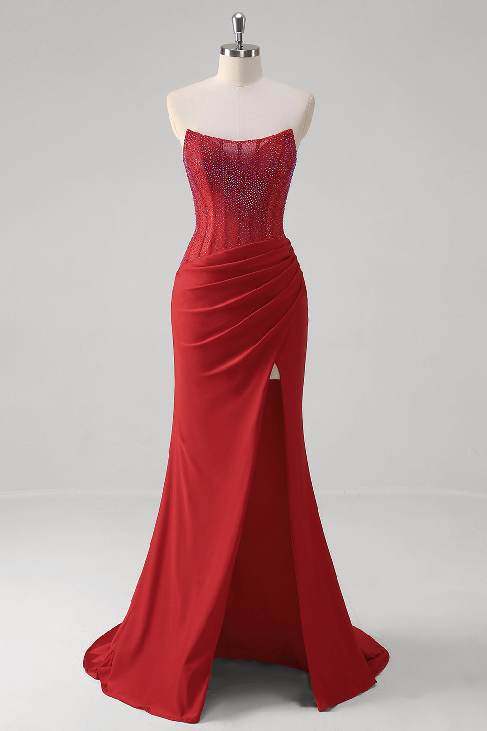 Wedtrend Women Sparkly Red Ruched Long Prom Dress With Slit Mermaid Strapless Corset Beaded Evening Party Dress WEDTREND Wedtrend Women Sparkly Red Ruched Long Prom Dress With Slit Mermaid Strapless Corset Beaded Evening Party Dress WEDTREND