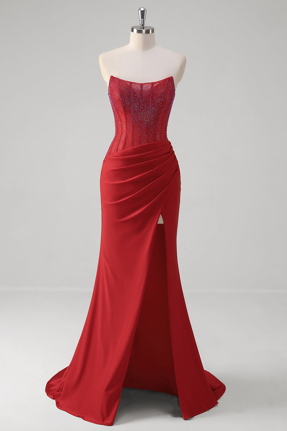 Wedtrend Women Beaded Red Prom Dress with Slit Ruched Strapless Mermaid Corset Long Formal Dress, Red / US8 Wedtrend Women Beaded Red Prom Dress with Slit Ruched Strapless Mermaid Corset Long Formal Dress, Red / US8