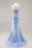 Blue Mermaid Strapless Sequins Beaded Long Satin Prom Dress with Slit