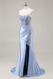 Blue Mermaid Strapless Sequins Beaded Long Satin Prom Dress with Slit