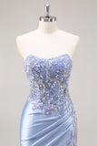 Blue Mermaid Strapless Sequins Beaded Long Satin Prom Dress with Slit