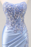 Blue Mermaid Strapless Sequins Beaded Long Satin Prom Dress with Slit