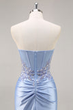 Blue Mermaid Strapless Sequins Beaded Long Satin Prom Dress with Slit
