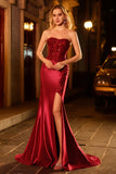 Burgundy Strapless Mermaid Sequins Beaded Satin Long Prom Dress with Slit