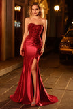 Burgundy Strapless Mermaid Sequins Beaded Satin Long Prom Dress with Slit