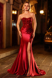 Burgundy Strapless Mermaid Sequins Beaded Satin Long Prom Dress with Slit