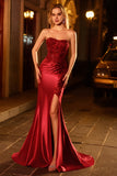 Burgundy Strapless Mermaid Sequins Beaded Satin Long Prom Dress with Slit