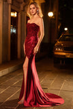 Burgundy Strapless Mermaid Sequins Beaded Satin Long Prom Dress with Slit