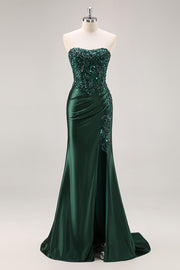 Dark Green Mermaid Strapless Beaded Sequins Satin Long Prom Dress with Slit