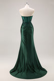 Burgundy Strapless Mermaid Sequins Beaded Satin Long Prom Dress with Slit