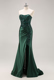 Burgundy Strapless Mermaid Sequins Beaded Satin Long Prom Dress with Slit