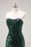 Dark Green Mermaid Strapless Beaded Sequins Satin Long Prom Dress with Slit