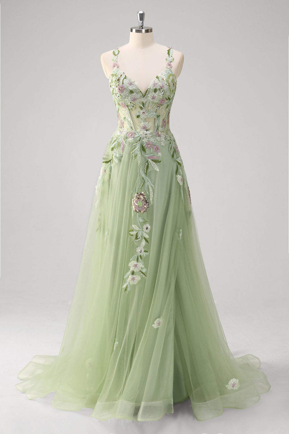 Wedtrend Women Green Long Prom Dress with Slit Tulle A Line Sparkly Sequin Corset Embroidered Evening Party Dress WEDTREND Wedtrend Women Green Long Prom Dress with Slit Tulle A Line Sparkly Sequin Corset Embroidered Evening Party Dress WEDTREND