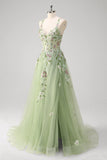 Sparkly Green A-Line Spaghetti Straps Corset Sequin Long Prom Dress With Slit