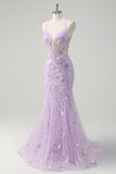 Sparkly Lilac Mermaid Spaghetti Straps Corset Sequin Long Prom Dress With Lace Up Back