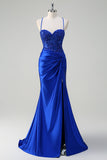 Stylish Dusty Rose Mermaid Spaghetti Straps Pleated Appliqued Prom Dress with Slit