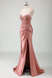 Stylish Dusty Rose Mermaid Spaghetti Straps Pleated Appliqued Prom Dress with Slit