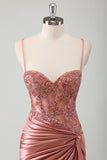Stylish Dusty Rose Mermaid Spaghetti Straps Pleated Appliqued Prom Dress with Slit