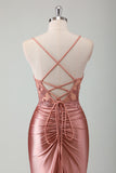 Stylish Dusty Rose Mermaid Spaghetti Straps Pleated Appliqued Prom Dress with Slit