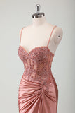 Stylish Dusty Rose Mermaid Spaghetti Straps Pleated Appliqued Prom Dress with Slit