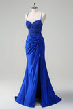 Stylish Dusty Rose Mermaid Spaghetti Straps Pleated Appliqued Prom Dress with Slit