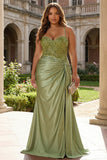 Army Green Mermaid Pleated Appliqued Plus Size Prom Dress with Slit