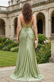 Army Green Mermaid Pleated Appliqued Plus Size Prom Dress with Slit